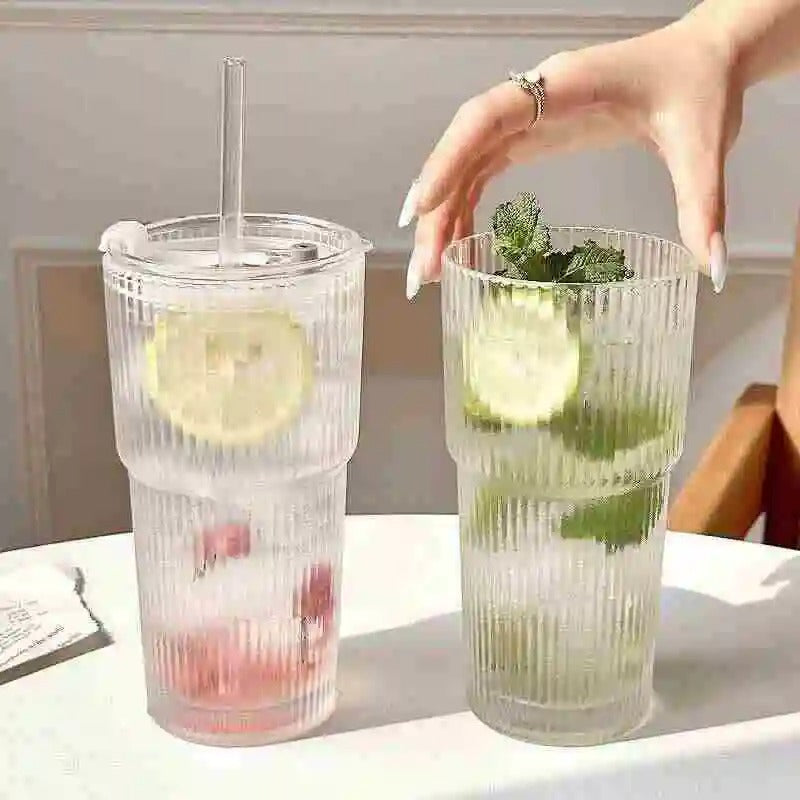 Large Capacity Stripe Glass Coffee Cup With Lid Cover Straw Transparent Drinking Glasses For Juice Iced Coffee Mugs Drinkware