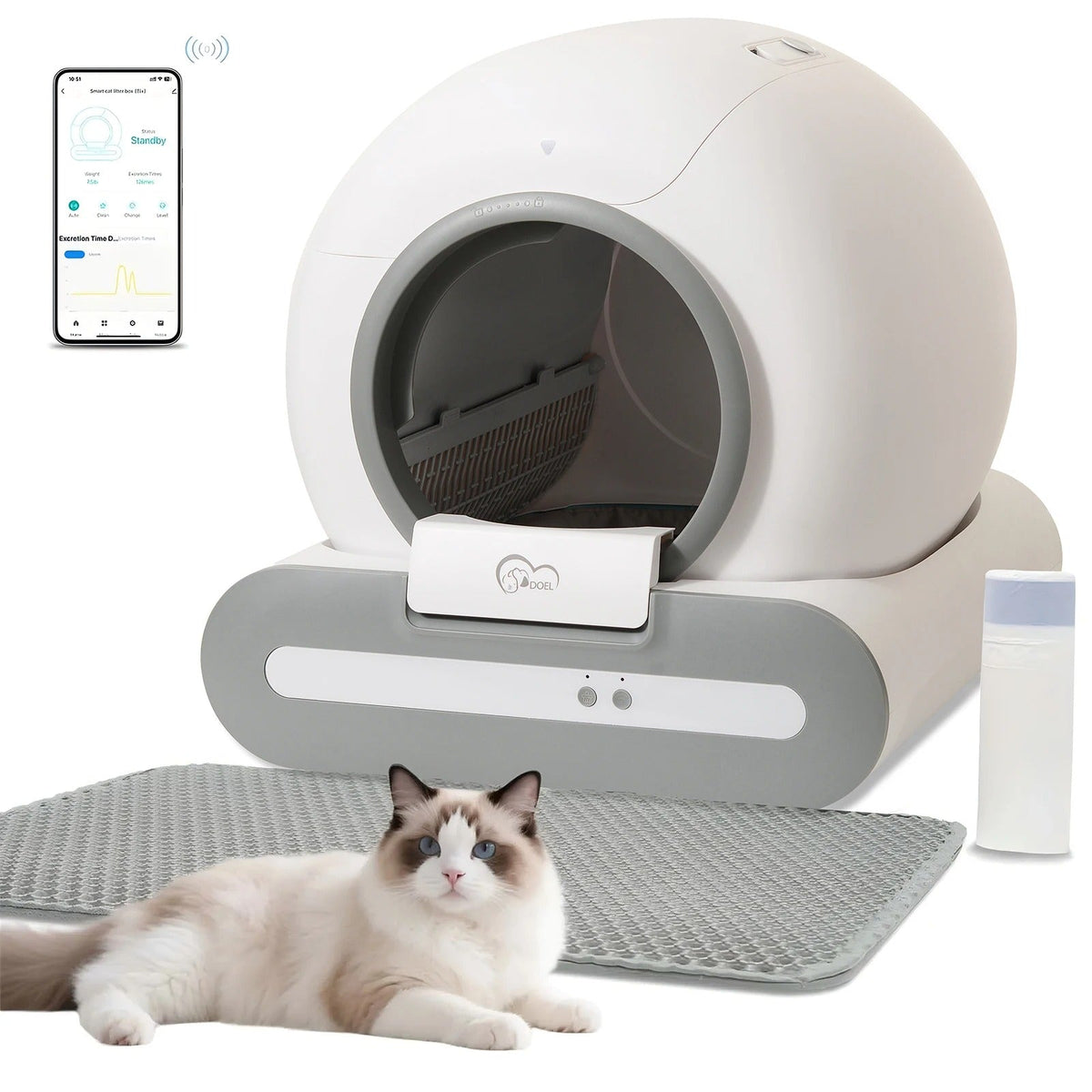 DOEL 65L Self-Cleaning Cat Litter Box App Control, ONLY Supports 2.4G WiFi w/Litter Mat&Trash Bags, Fit for Tofu & Mixed Litter